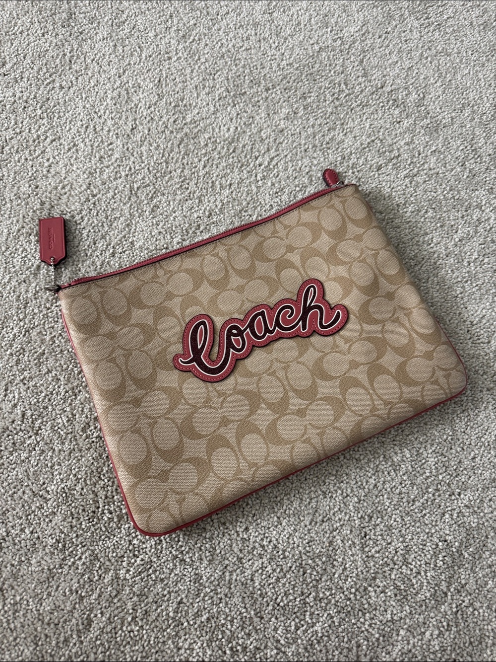 Coach Signature Canvas Pouch in Tan with Red Accents